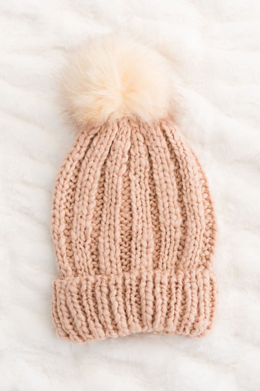 Tops NeeSee's Dresses | Stay Warm Faux Fur Pom Pom Beanie Peach