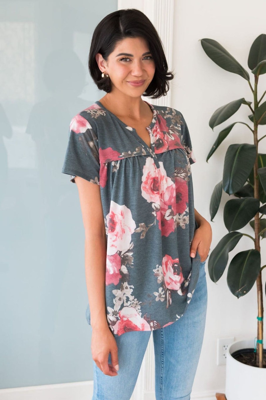 Tops NeeSee's Dresses | Forever Ever Modest Blouse Heather Charcoal Floral