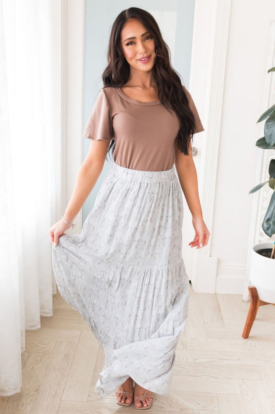 Skirts NeeSee's Dresses | Floating Along Modest Maxi Skirt Light Gray/Taupe/Ivory Design