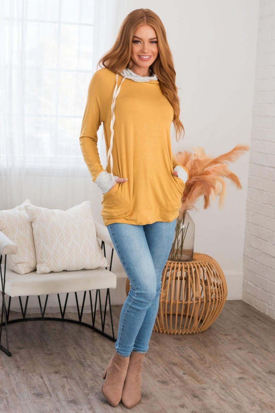 Tops NeeSee's Dresses | Great Abundance Modest Lightweight Hoodie Mustard/Light Grey