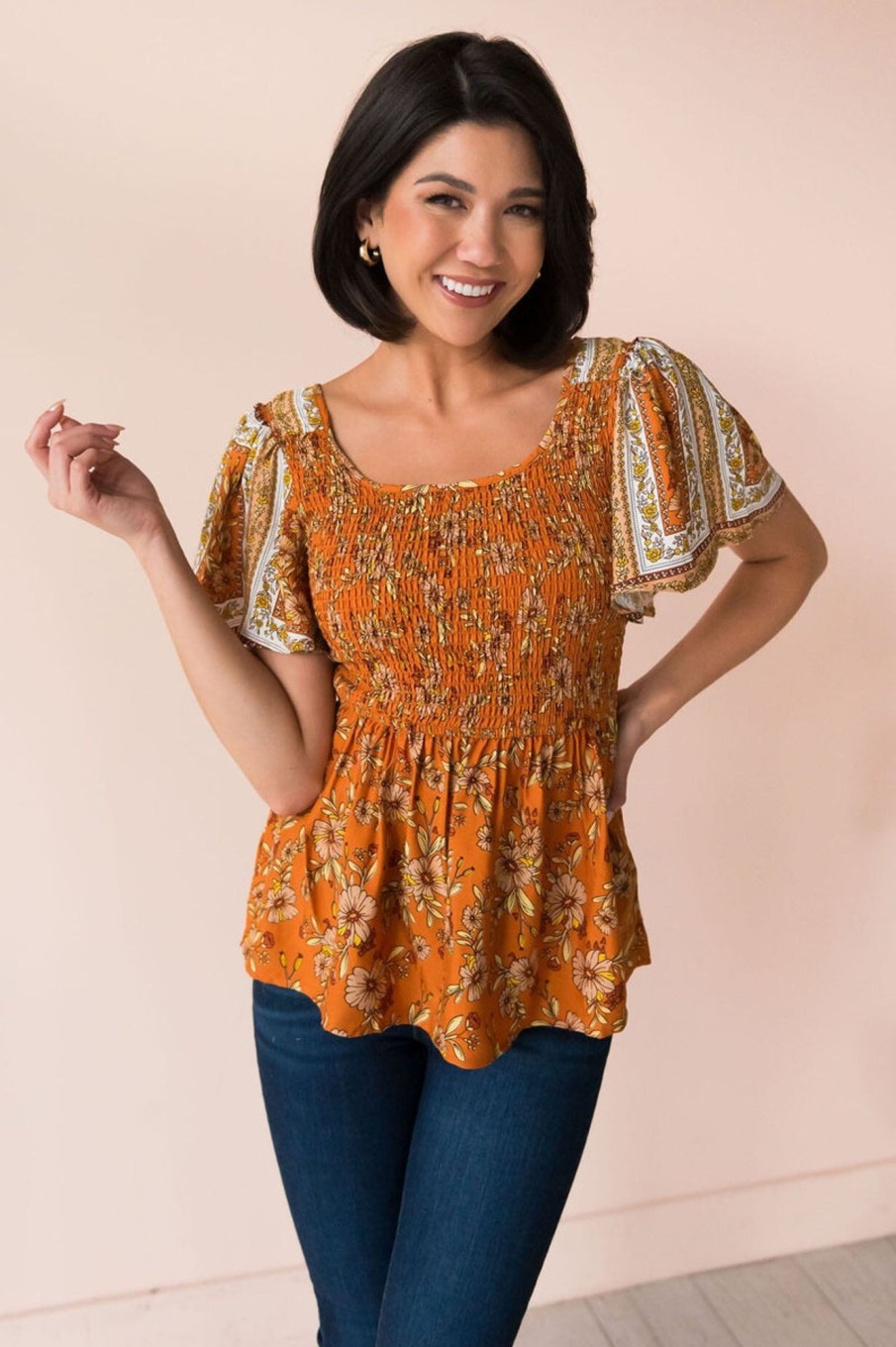 Tops NeeSee's Dresses | What A Surprise Modest Blouse Sunset Rust Floral