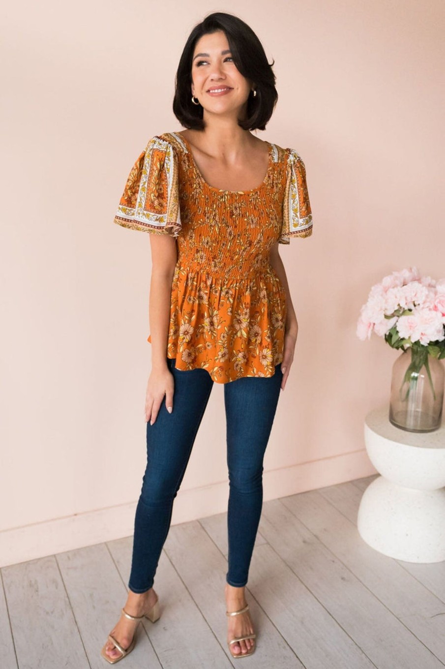 Tops NeeSee's Dresses | What A Surprise Modest Blouse Sunset Rust Floral