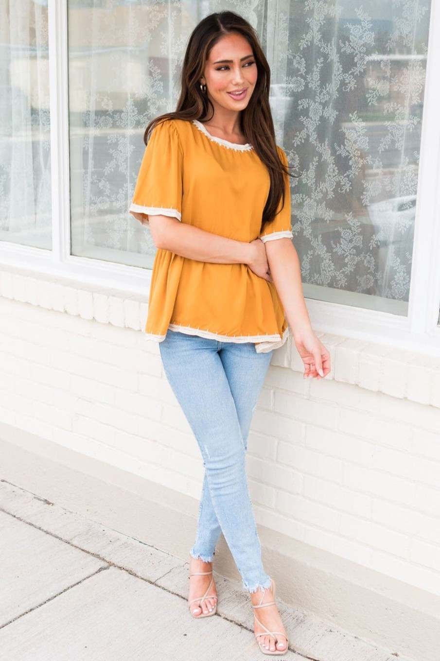 Tops NeeSee's Dresses | Predicting Joy Ahead Modest Peplum Blouse Mustard