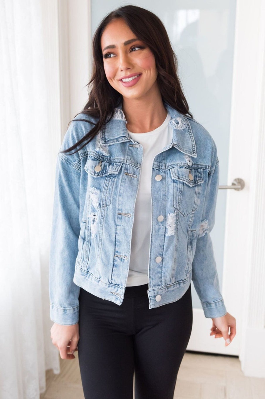 Tops NeeSee's Dresses | Falling For You Modest Denim Jacket Light Distressed Denim