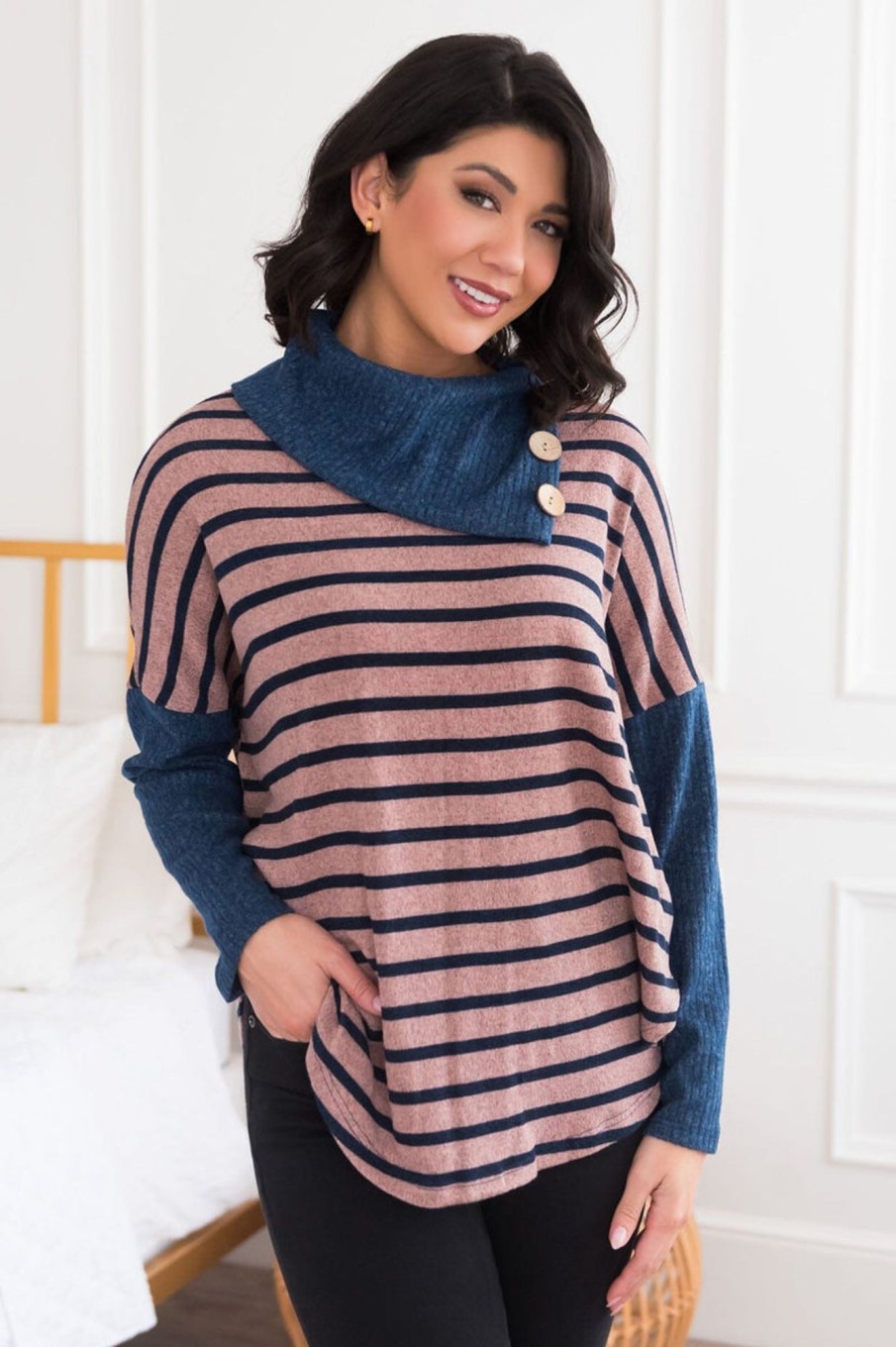 Tops NeeSee's Dresses | Admiring Beauty Modest Sweater Pink/Navy Stripe/Navy