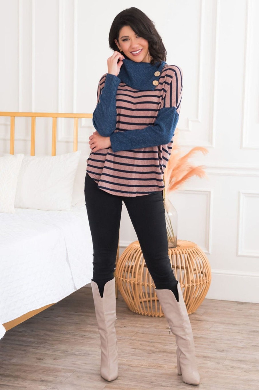 Tops NeeSee's Dresses | Admiring Beauty Modest Sweater Pink/Navy Stripe/Navy