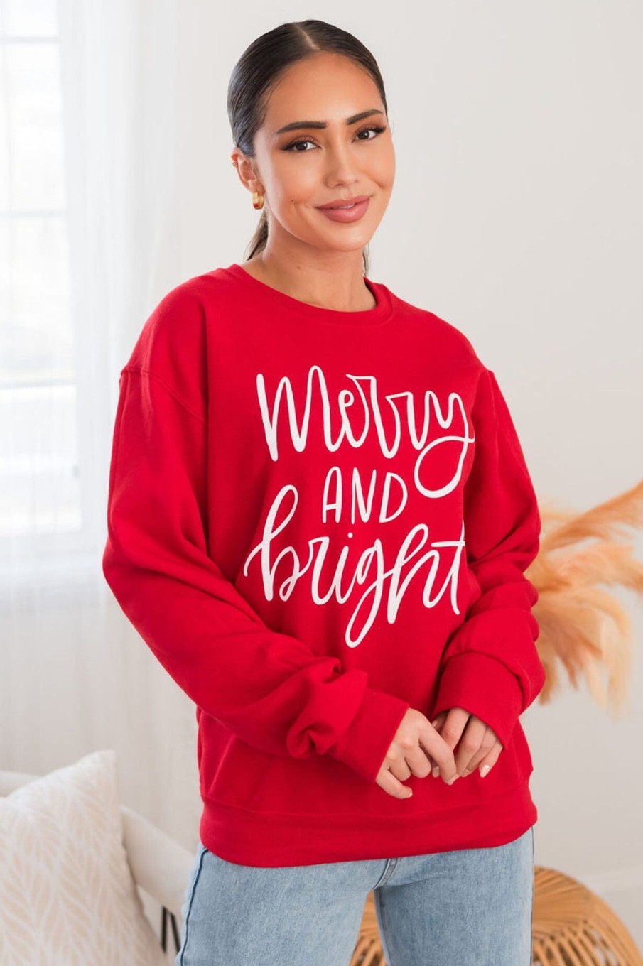 Tops NeeSee's Dresses | It'S All Merry & Bright Modest Sweatshirt Red