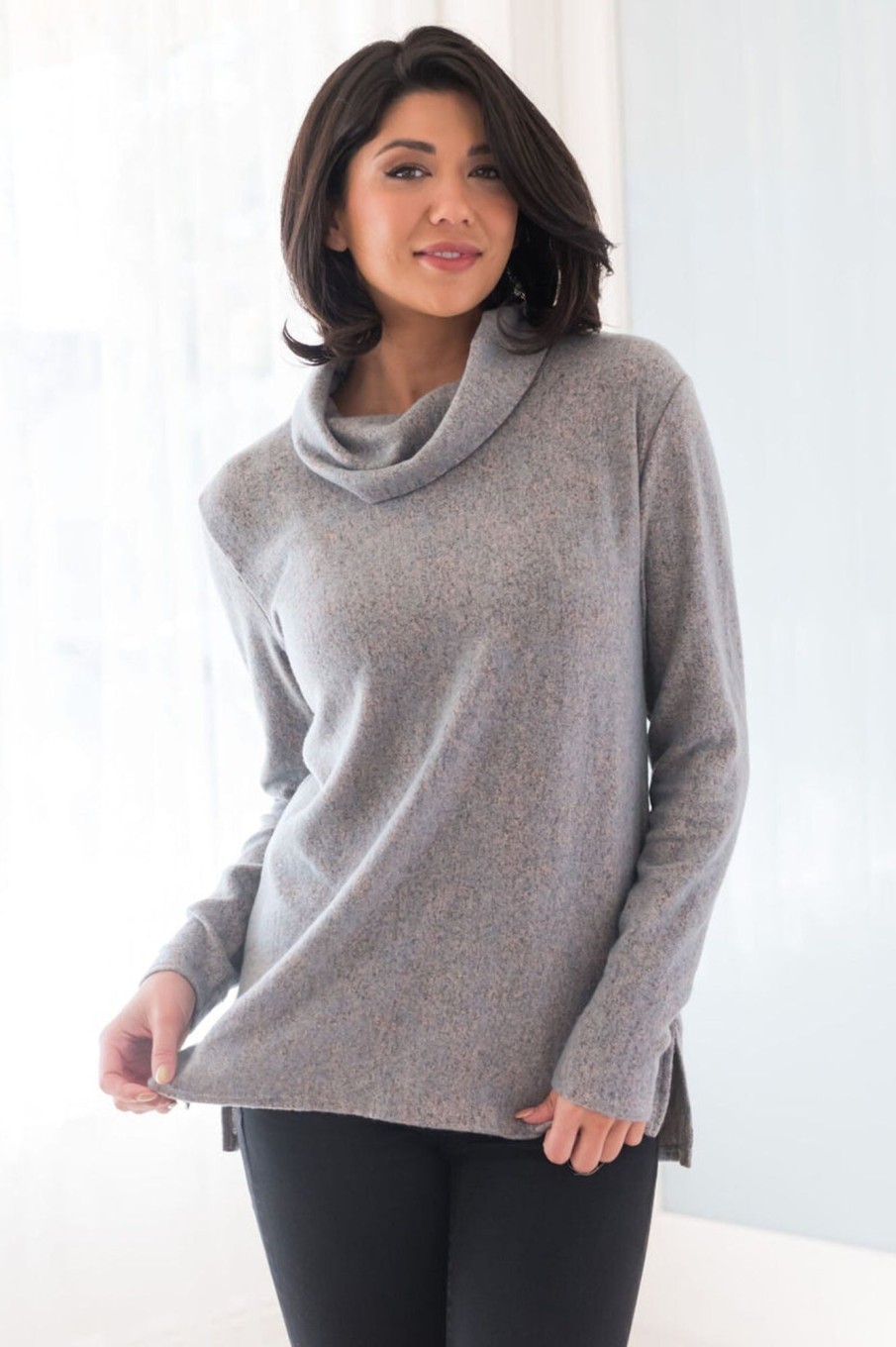 Tops NeeSee's Dresses | You Are So Loved Modest Cowl Neck Sweater Heather Grey/Pink