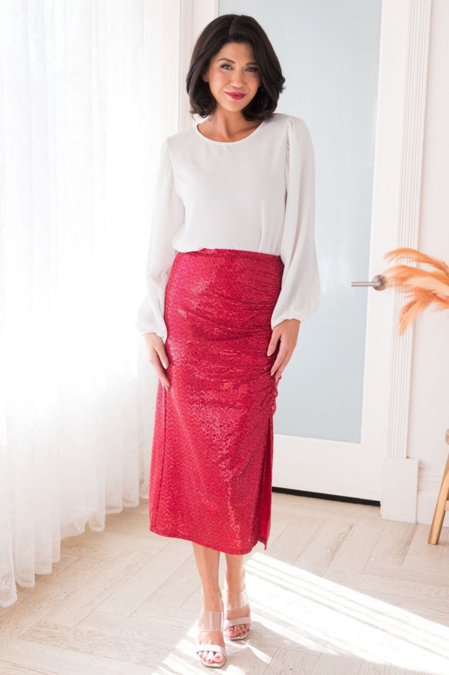 Skirts NeeSee's Dresses | Shine Bright Modest Shimmer Skirt Red Sparkle