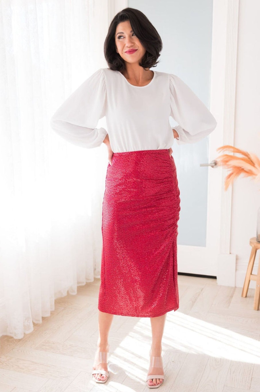 Skirts NeeSee's Dresses | Shine Bright Modest Shimmer Skirt Red Sparkle