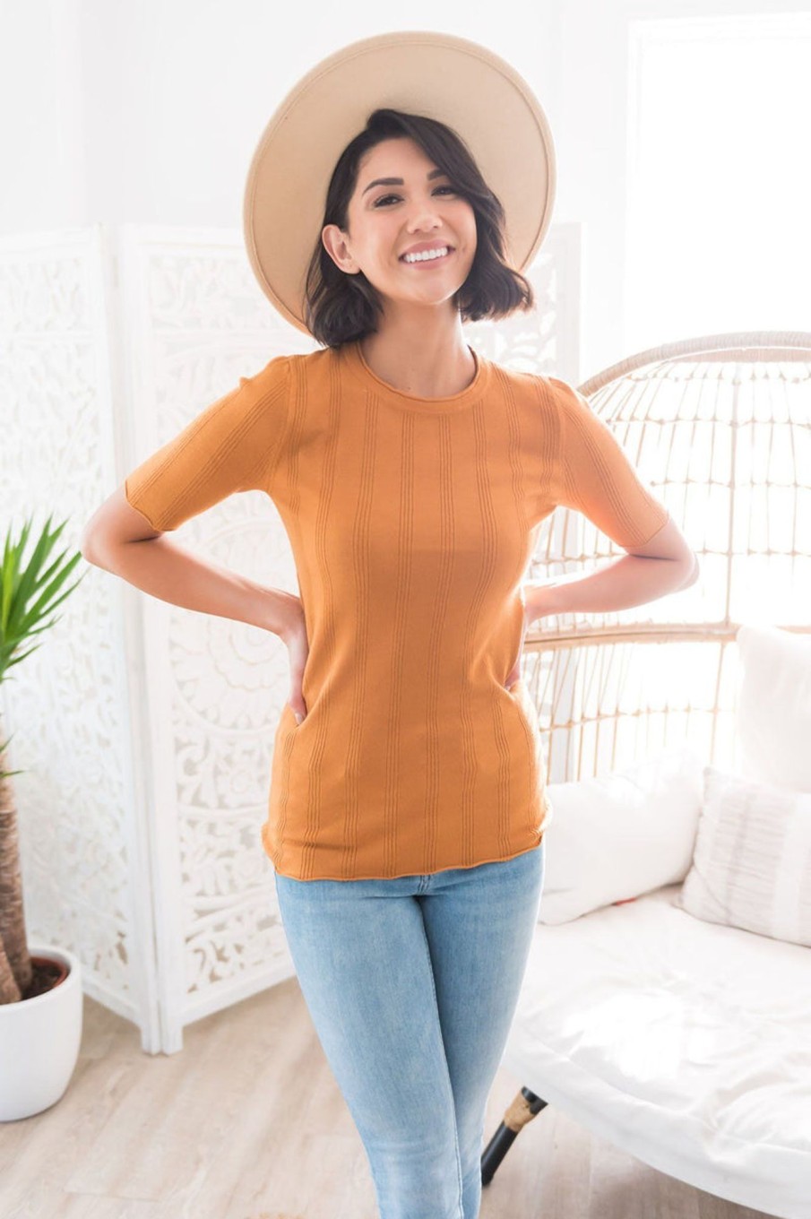 Tops NeeSee's Dresses | Cream & Sugar Ribbed Sweater Top Caramel