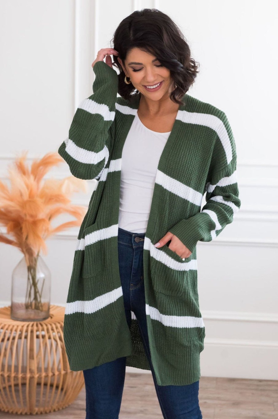 Tops NeeSee's Dresses | Ever So Stylish Modest Striped Cardigan Hunter Green/White