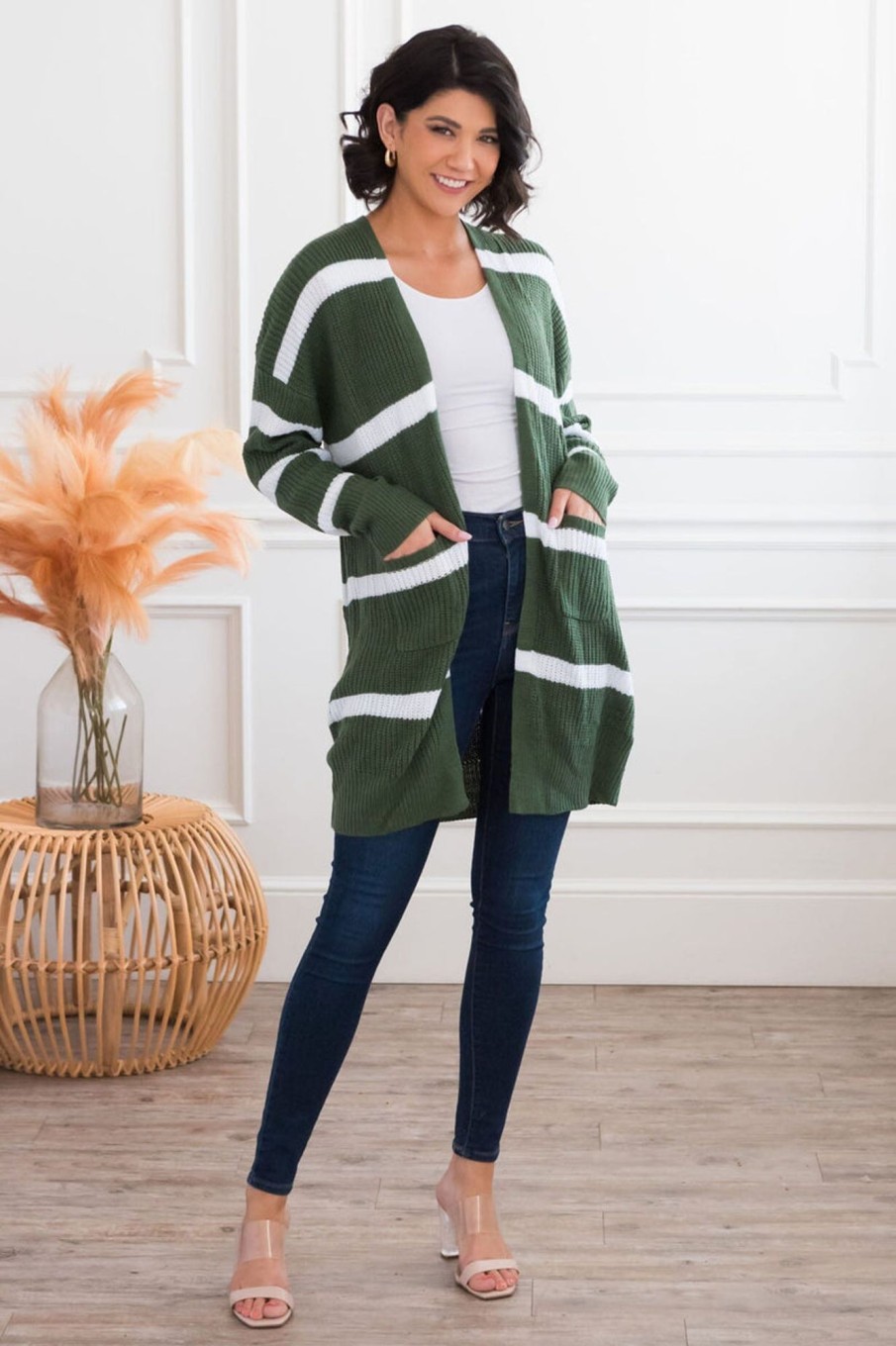 Tops NeeSee's Dresses | Ever So Stylish Modest Striped Cardigan Hunter Green/White