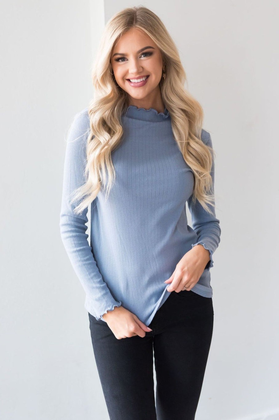 Tops NeeSee's Dresses | Whenever Needed Ribbed Modest Top Powder Blue