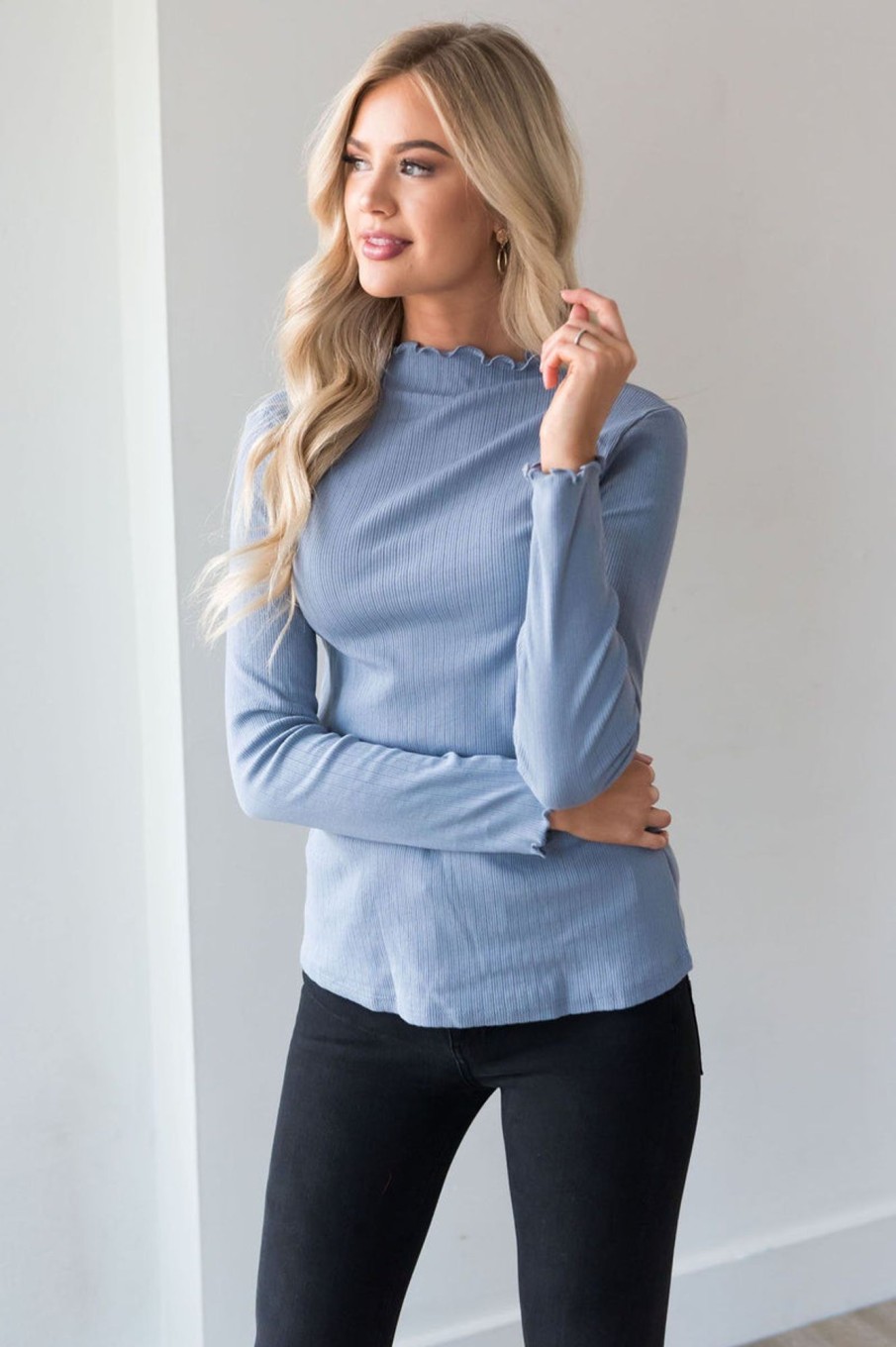 Tops NeeSee's Dresses | Whenever Needed Ribbed Modest Top Powder Blue