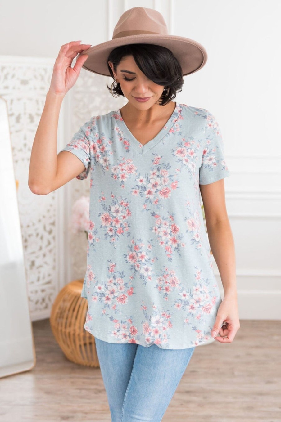 Tops NeeSee's Dresses | Good To Be Loved Modest Top Heather Mint/Mauve/Ivory Floral