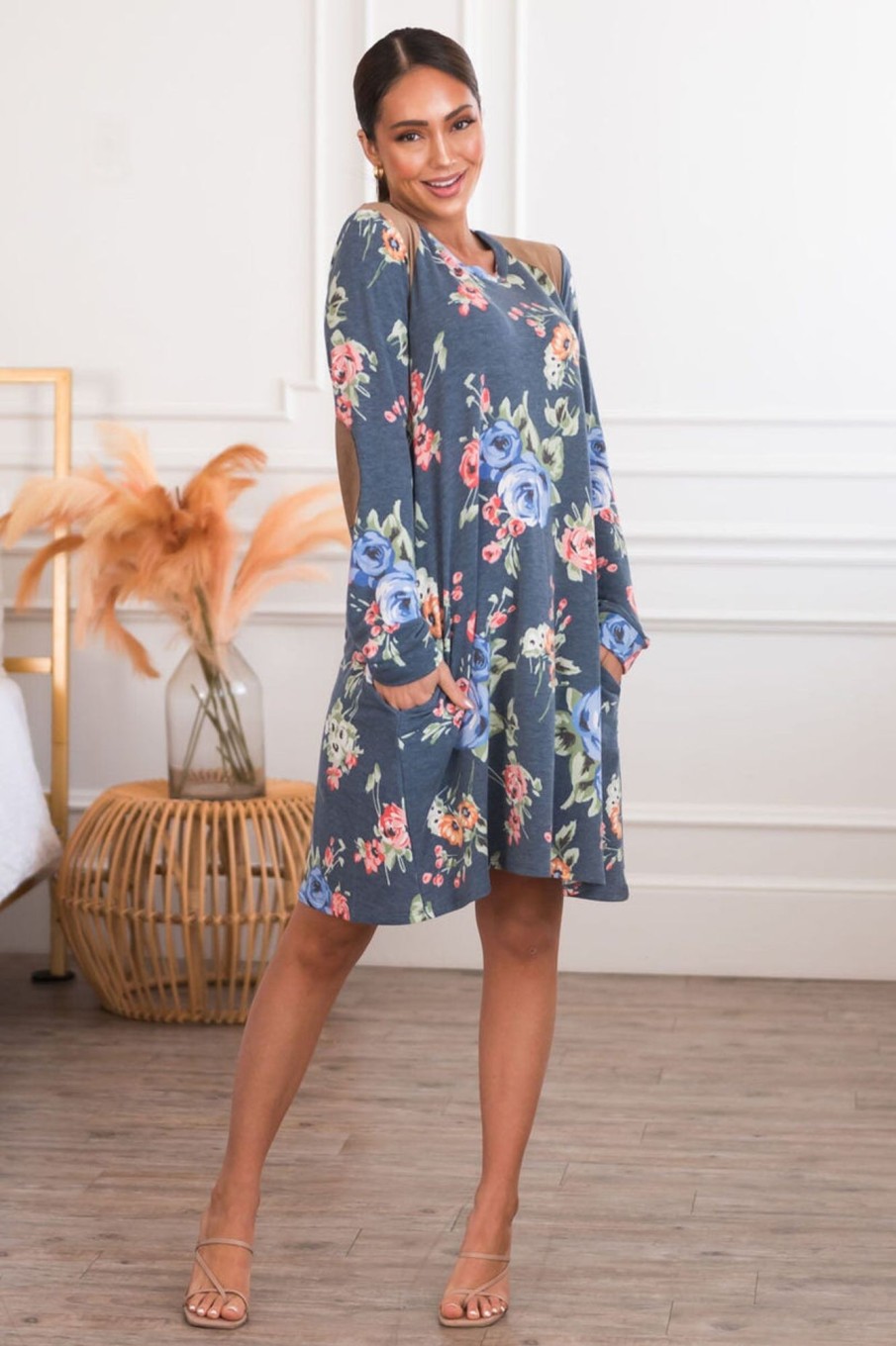 Dresses NeeSee's Dresses | Winter Blooms Modest Dress Heather Blue Floral