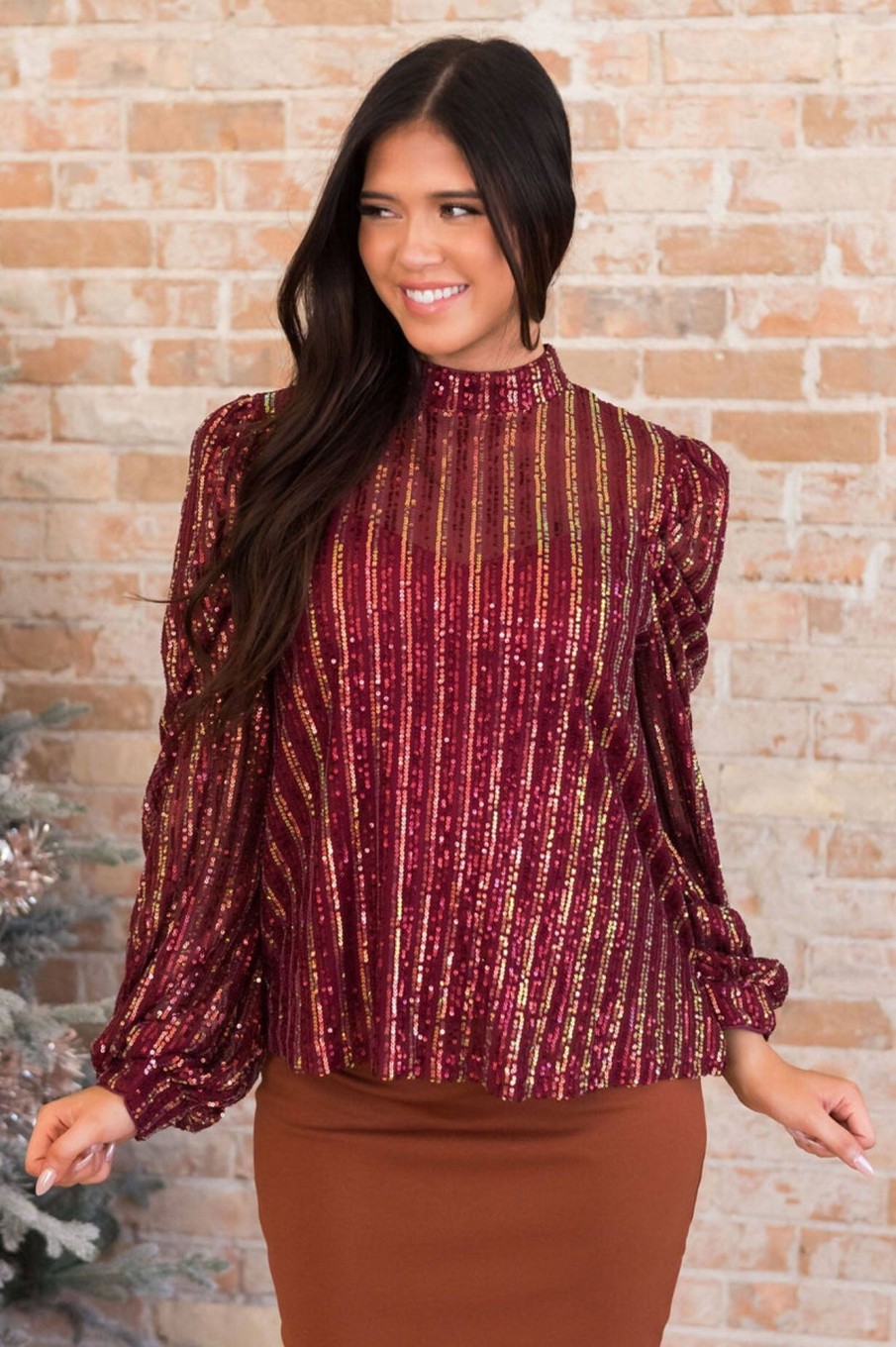 Tops NeeSee's Dresses | Stunning Shimmer Sequin Blouse Burgundy Sequin