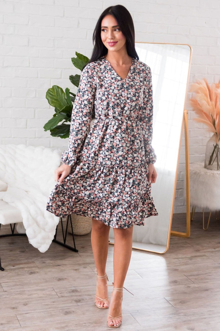 Dresses NeeSee's Dresses | The Chance Black/Ivory/Mauve Floral