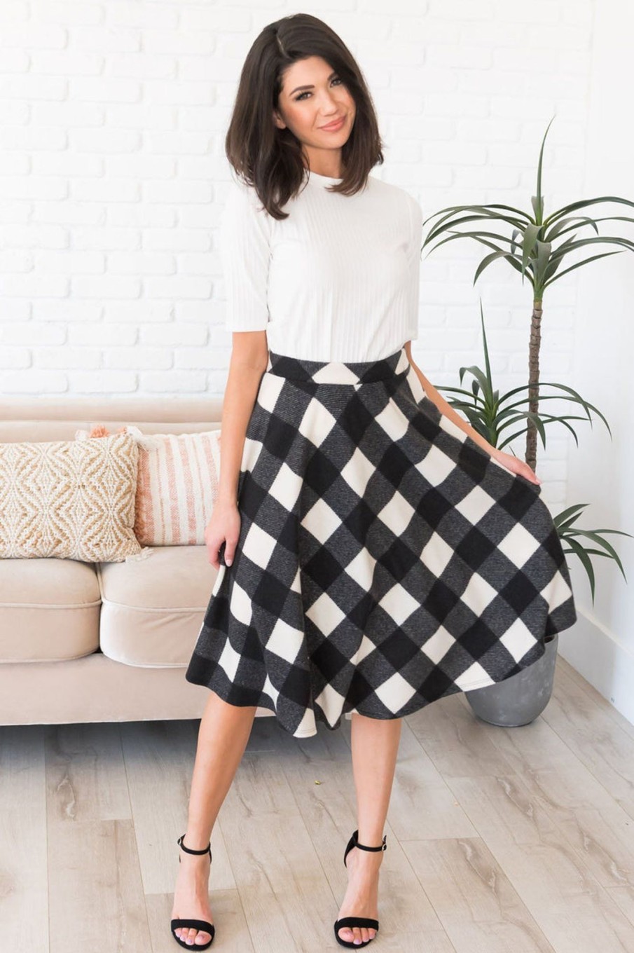 Skirts NeeSee's Dresses | Twirl With Modesty Aline Skirt Black & Ivory Plaid