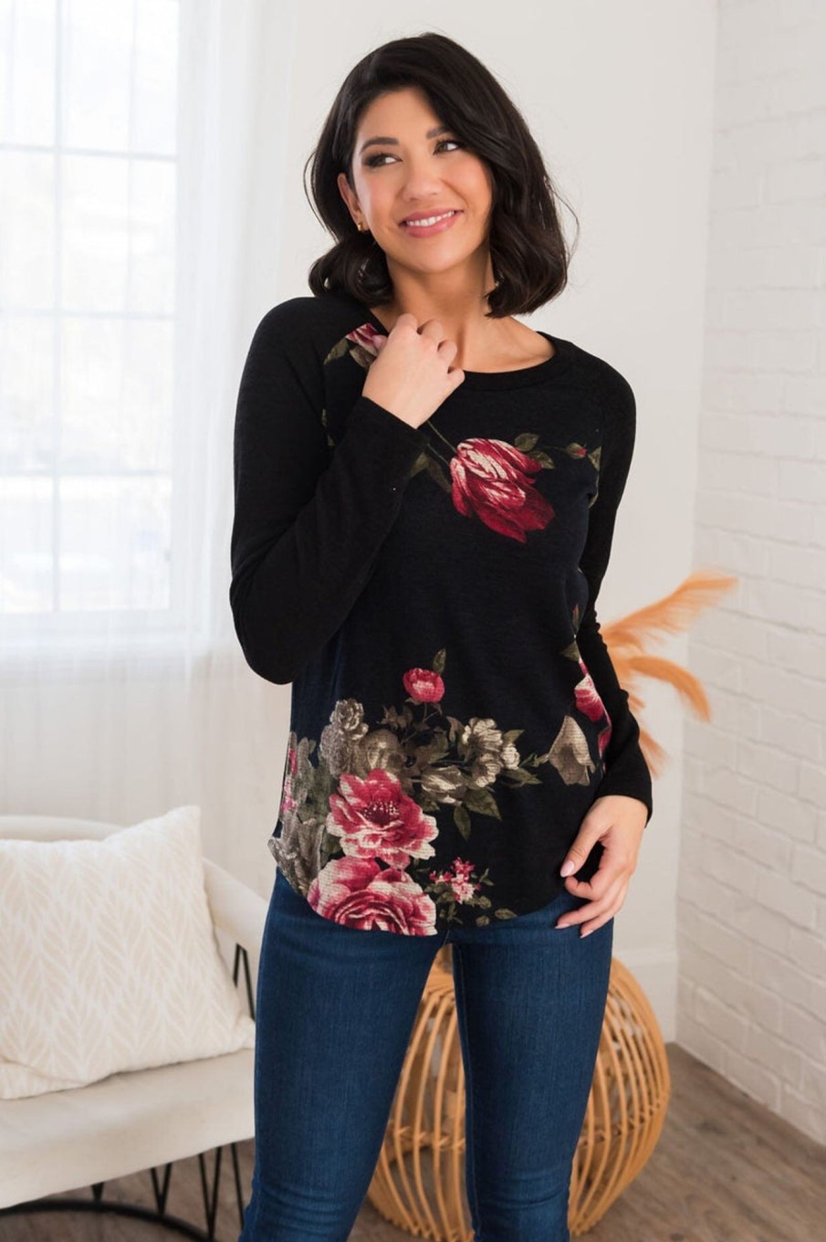 Tops NeeSee's Dresses | Simplistic Perfection Modest Floral Top Black/Mauve/Ivory Floral