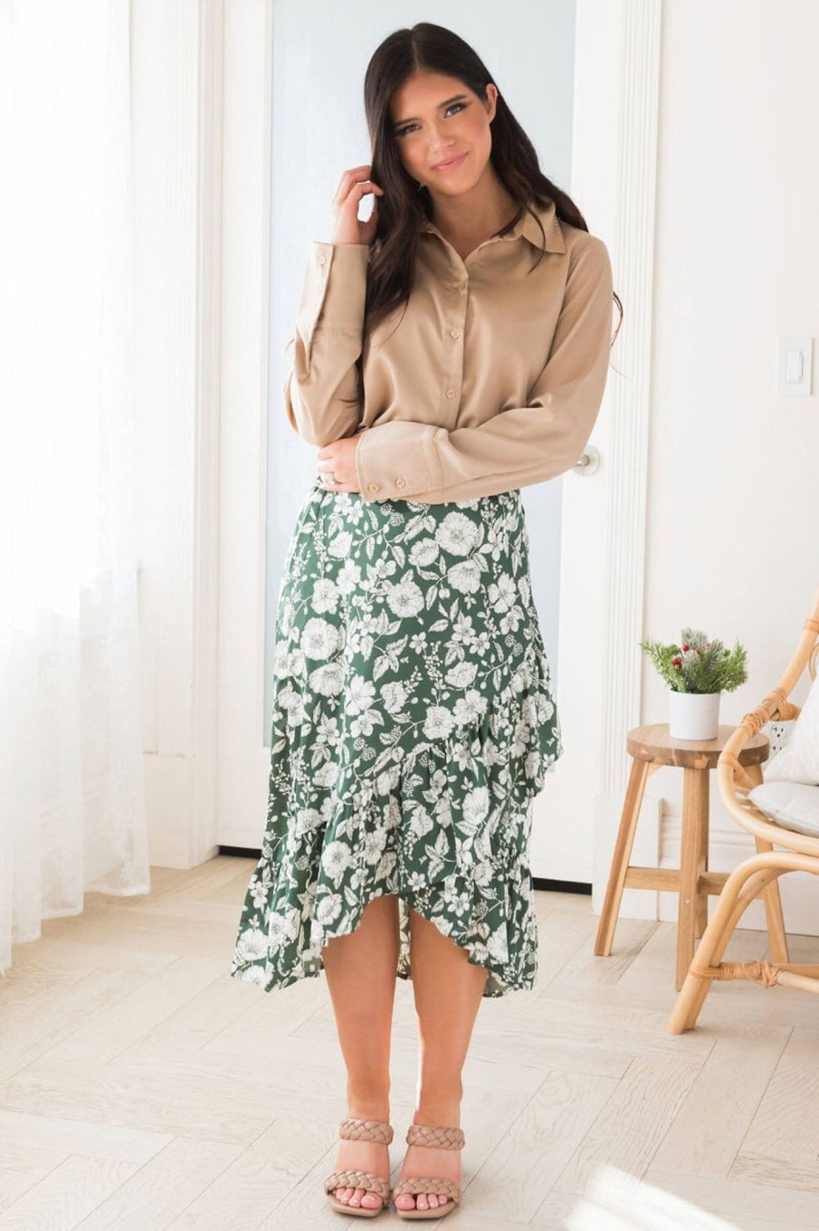 Skirts NeeSee's Dresses | Ruffles Ahead High-Low Skirt Green/White Floral