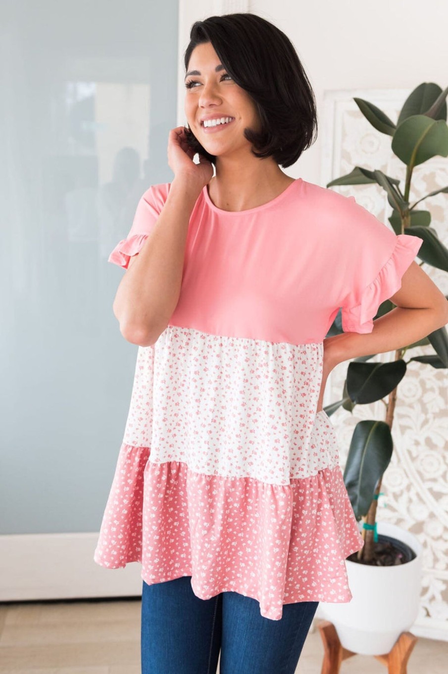 Tops NeeSee's Dresses | Genuine Soul Tiered Color-Block Top Taffy Pink & White