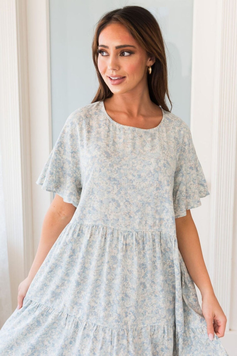 Dresses NeeSee's Dresses | The Roselinda Dusty Blue/Ivory Floral