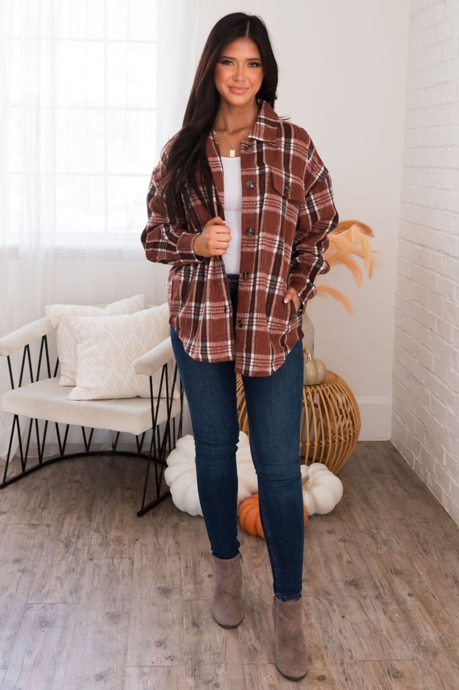 Tops NeeSee's Dresses | Forever Cozy Modest Plaid Jacket Apple Cider