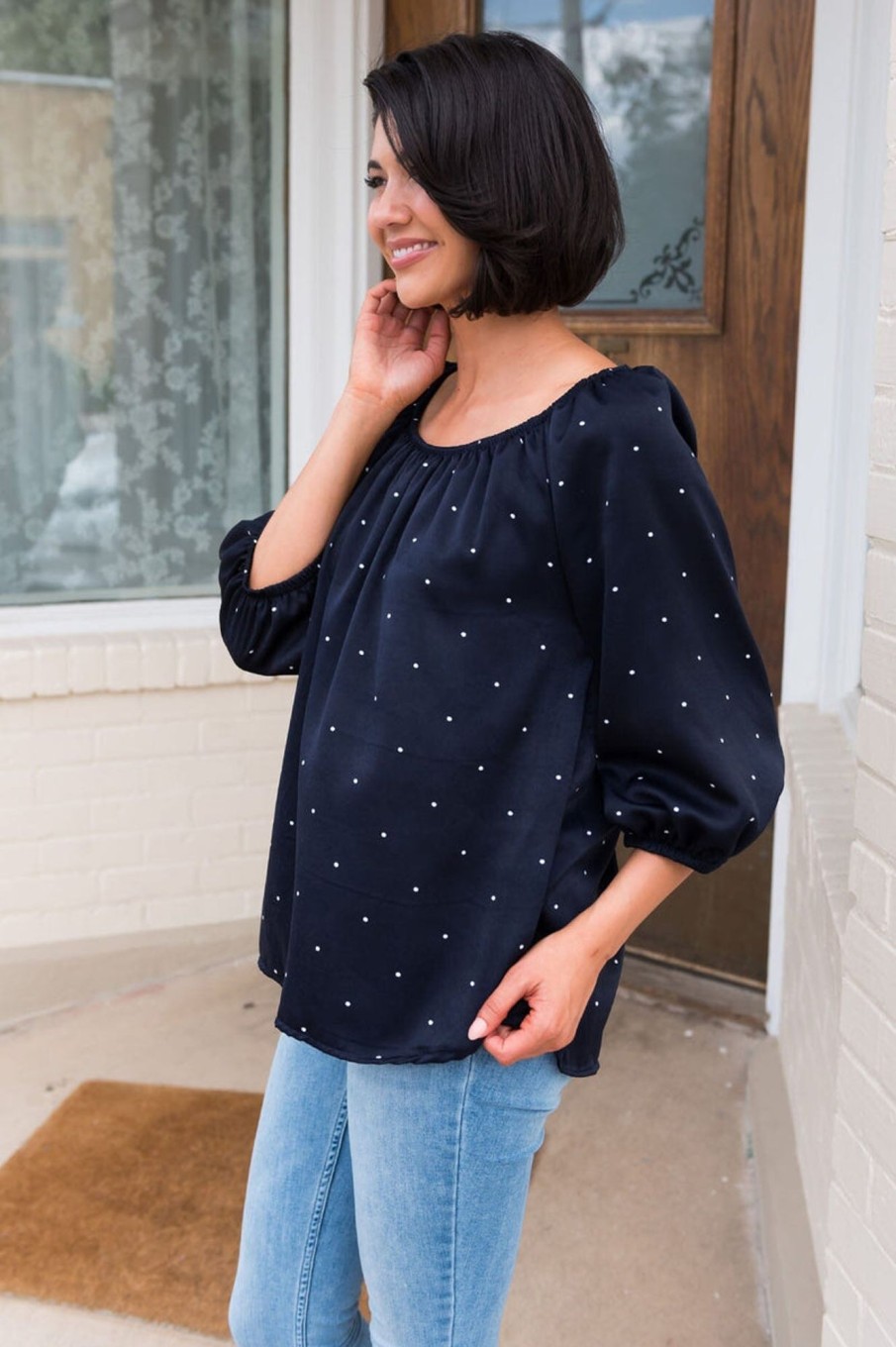 Tops NeeSee's Dresses | Always The Right Time Modest Blouse Navy/White Polka Dot