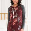 Tops NeeSee's Dresses | Time To Getaway Modest Hoodie Burgundy Floral/Grey Sleeves