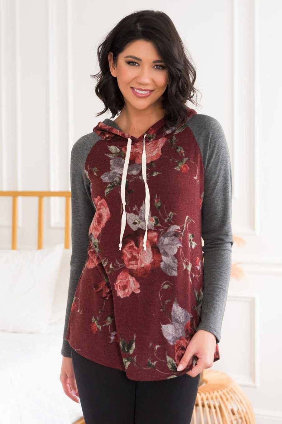 Tops NeeSee's Dresses | Time To Getaway Modest Hoodie Burgundy Floral/Grey Sleeves