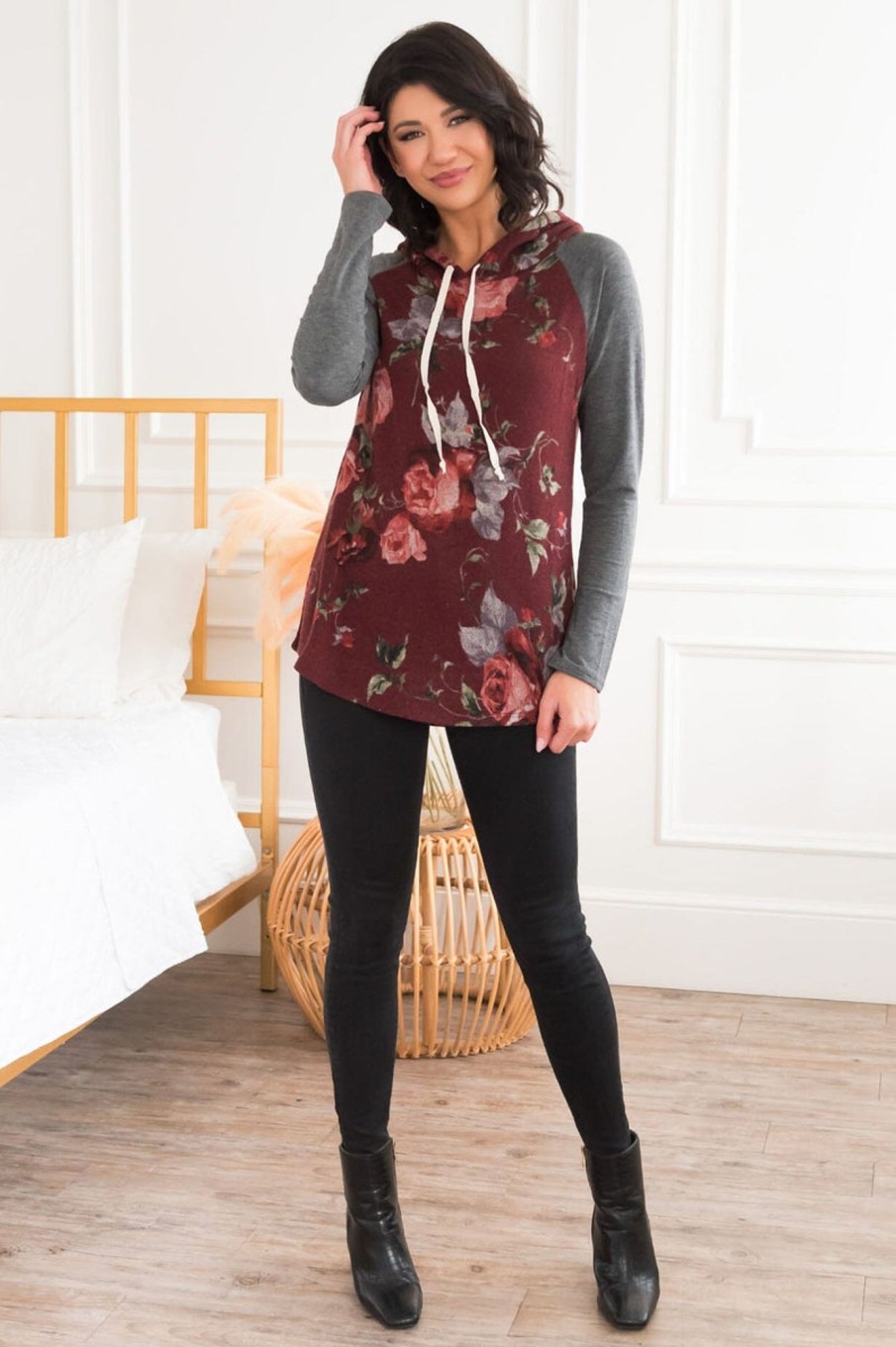 Tops NeeSee's Dresses | Time To Getaway Modest Hoodie Burgundy Floral/Grey Sleeves