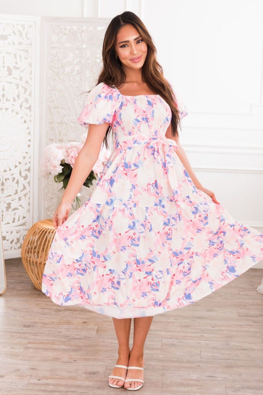 Dresses NeeSee's Dresses | The Chaleese White/Pink/Light Peach/Slate Blue Floral