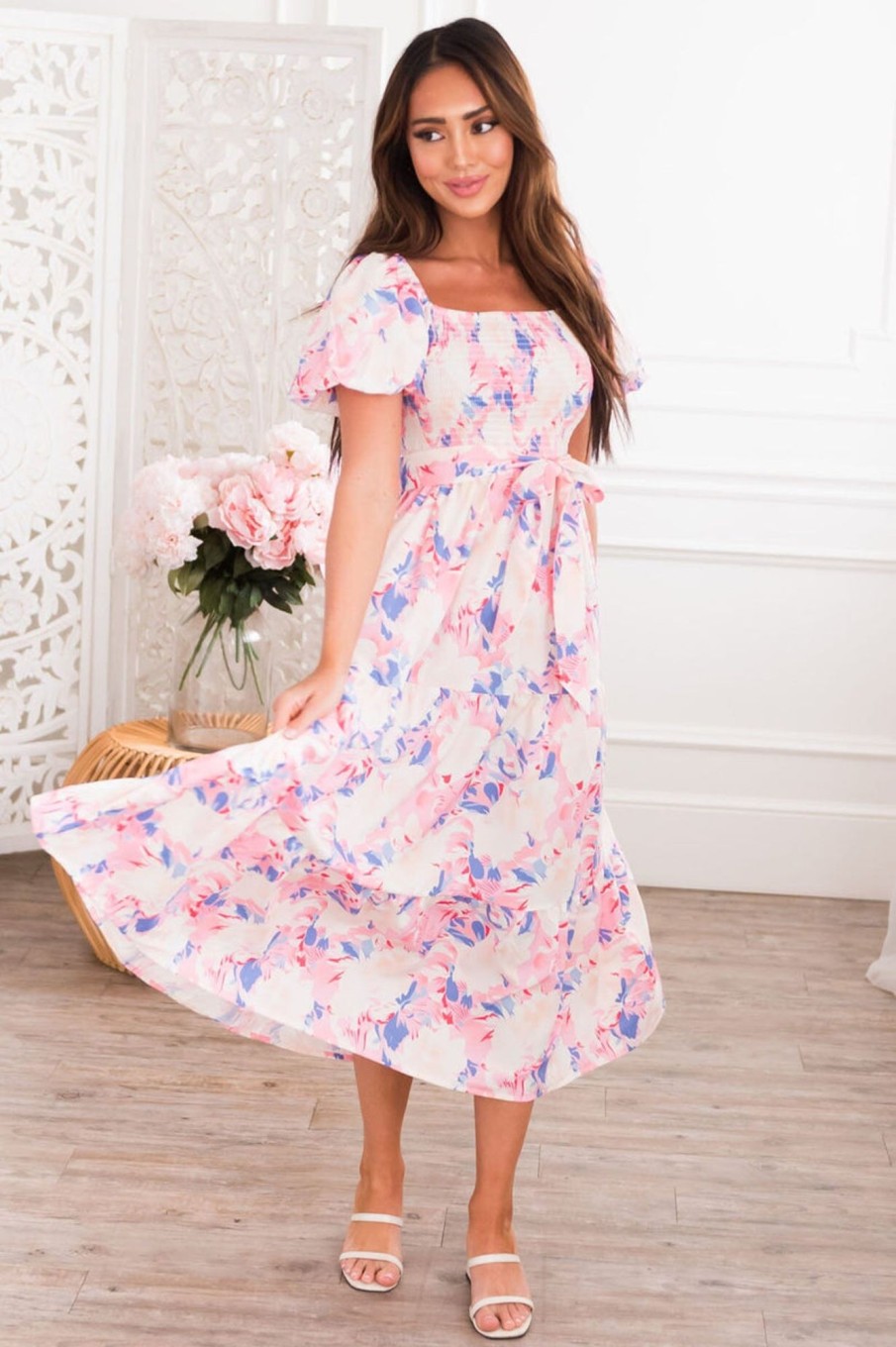 Dresses NeeSee's Dresses | The Chaleese White/Pink/Light Peach/Slate Blue Floral