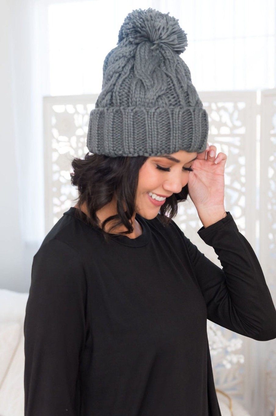 Tops NeeSee's Dresses | Sit By The Fire Cable Knit Pom Pom Beanie Grey