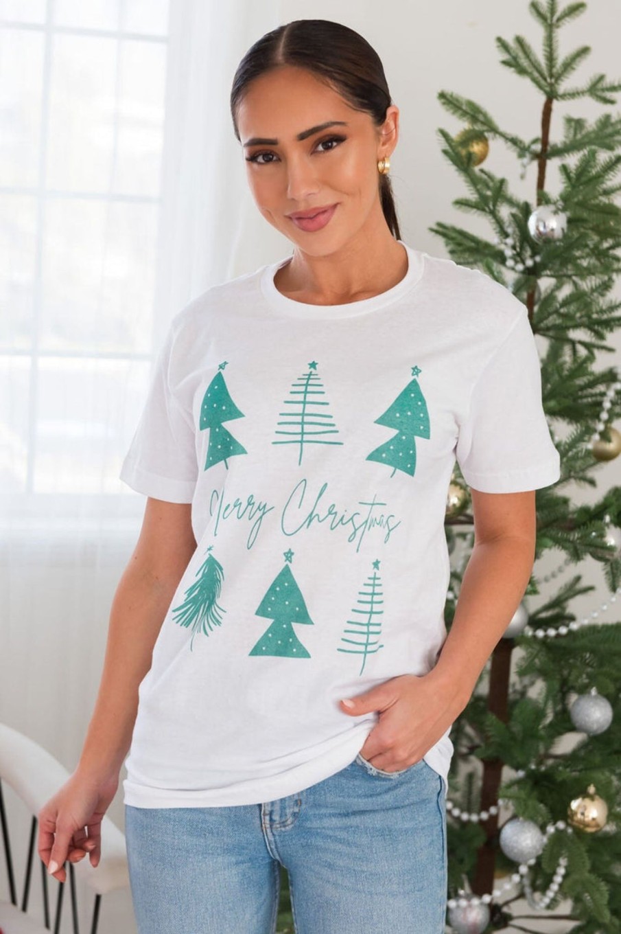 Tops NeeSee's Dresses | Merry Christmas Trees Modest Graphic Tee White