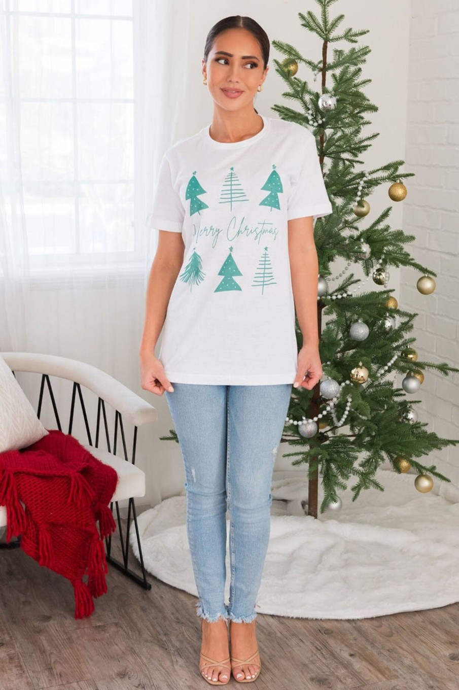 Tops NeeSee's Dresses | Merry Christmas Trees Modest Graphic Tee White