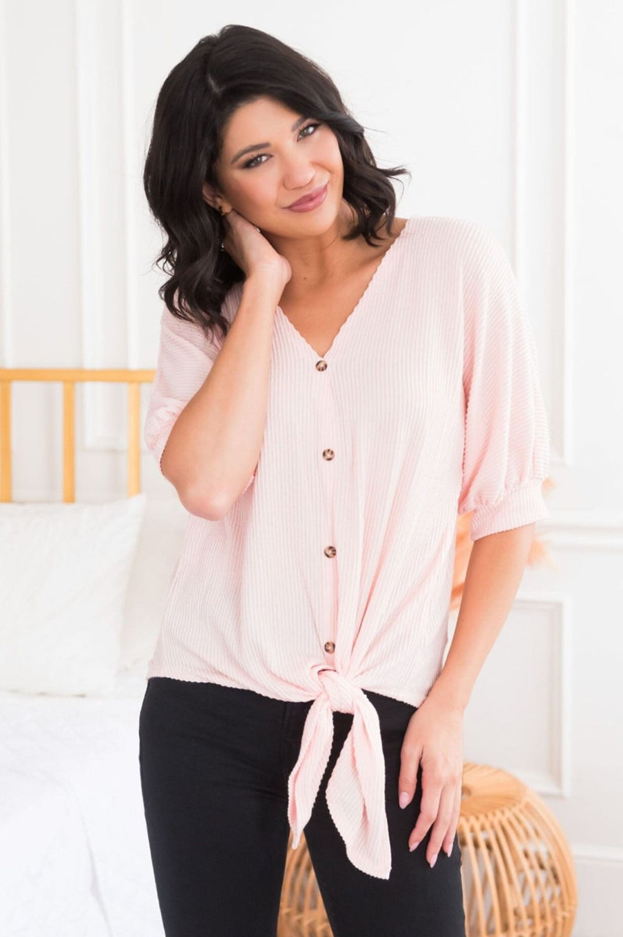 Tops NeeSee's Dresses | Moments Of Gladness Modest Tie Top Light Pink