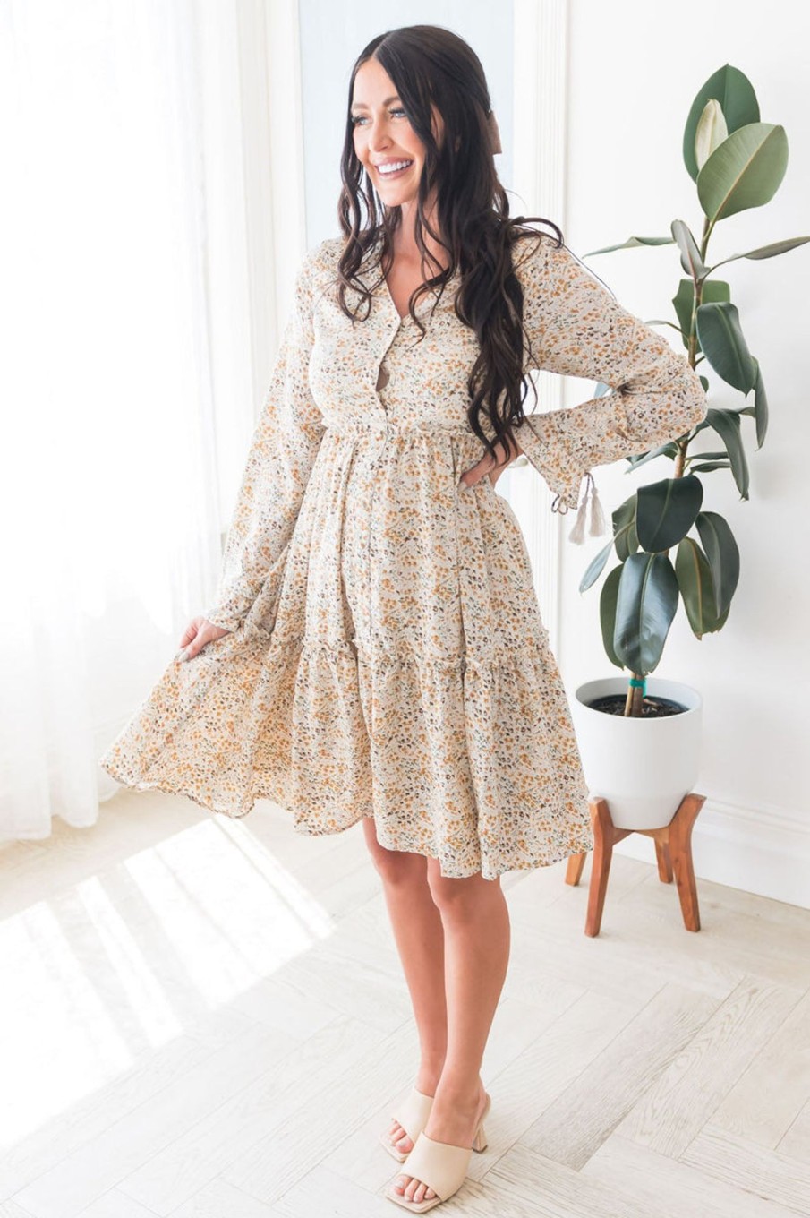 Dresses NeeSee's Dresses | The August Cream/Mustard/Burgundy Ditzy Floral