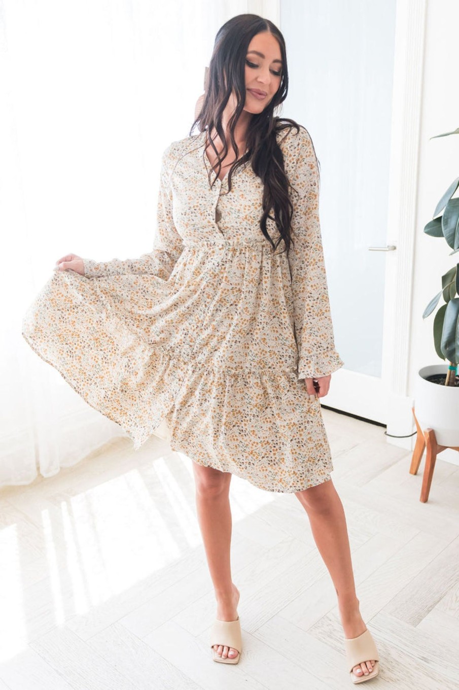 Dresses NeeSee's Dresses | The August Cream/Mustard/Burgundy Ditzy Floral