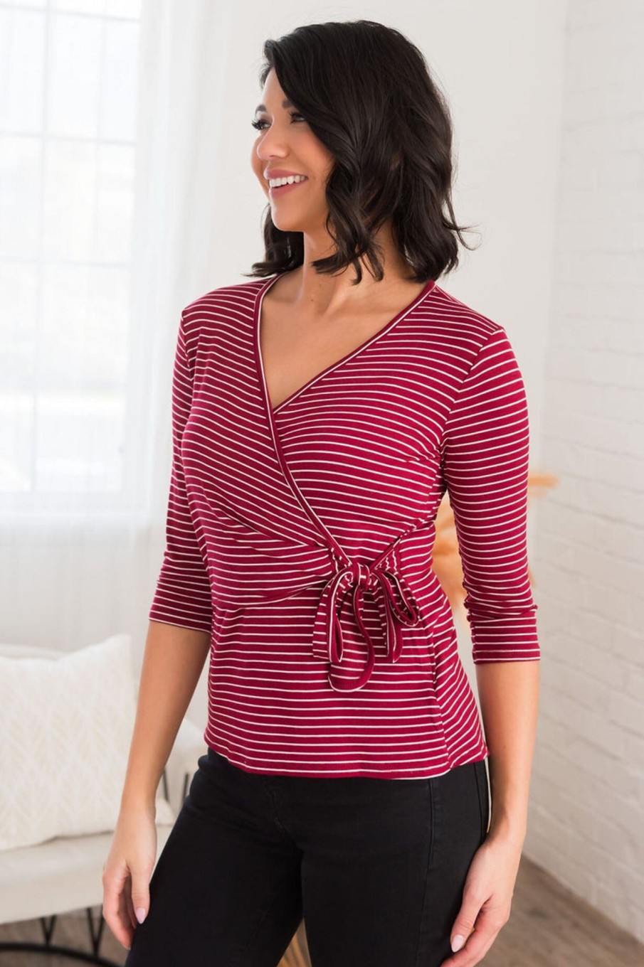 Tops NeeSee's Dresses | Stripes Are Always A Hit Modest Blouse Burgundy/White Stripe