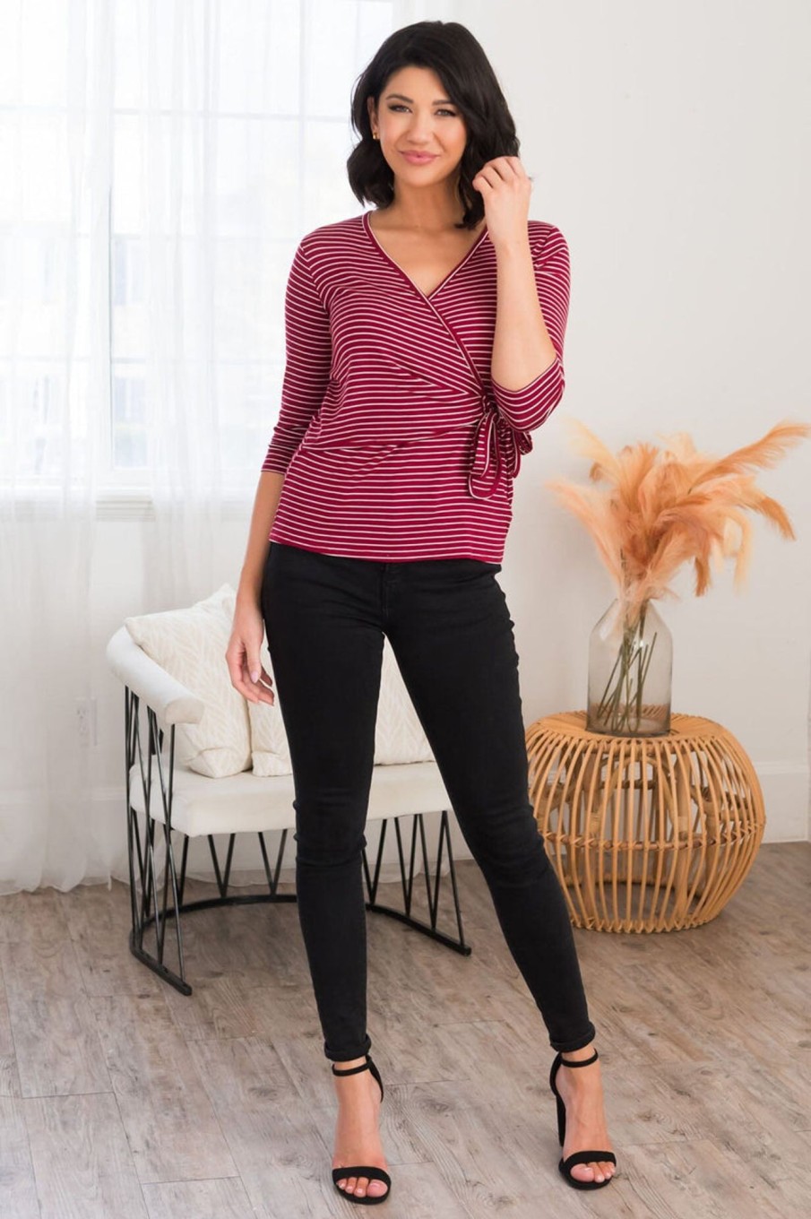 Tops NeeSee's Dresses | Stripes Are Always A Hit Modest Blouse Burgundy/White Stripe