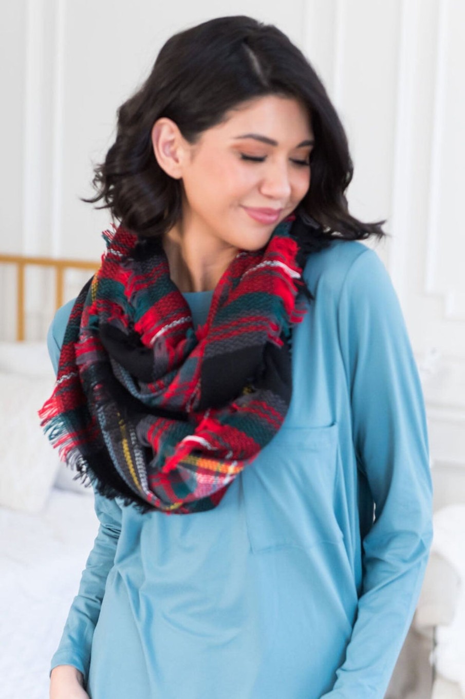 Tops NeeSee's Dresses | Christmas Caroling Woven Scarf Red/Black/Hunter Green/Mustard/Light Teal