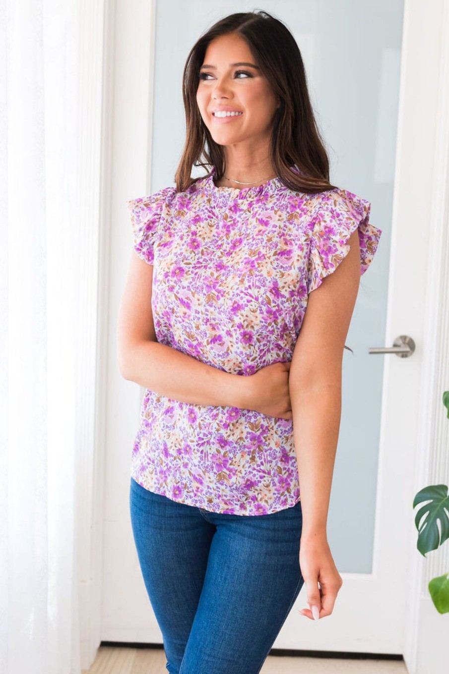 Tops NeeSee's Dresses | Petals And Ruffles Modest Blouse Lavender Floral