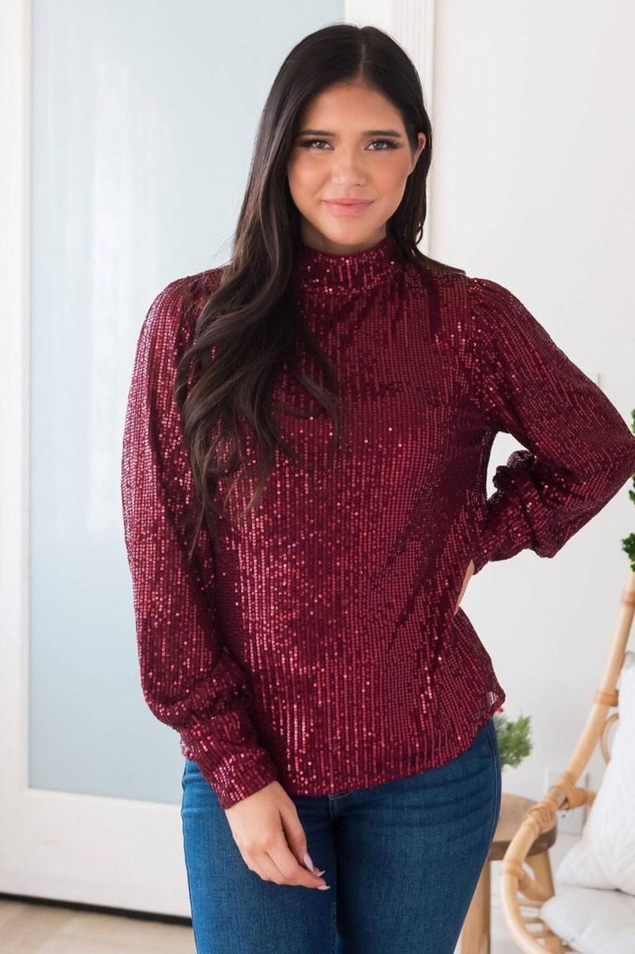 Tops NeeSee's Dresses | Party Ready Sequin Blouse Burgundy Sequin