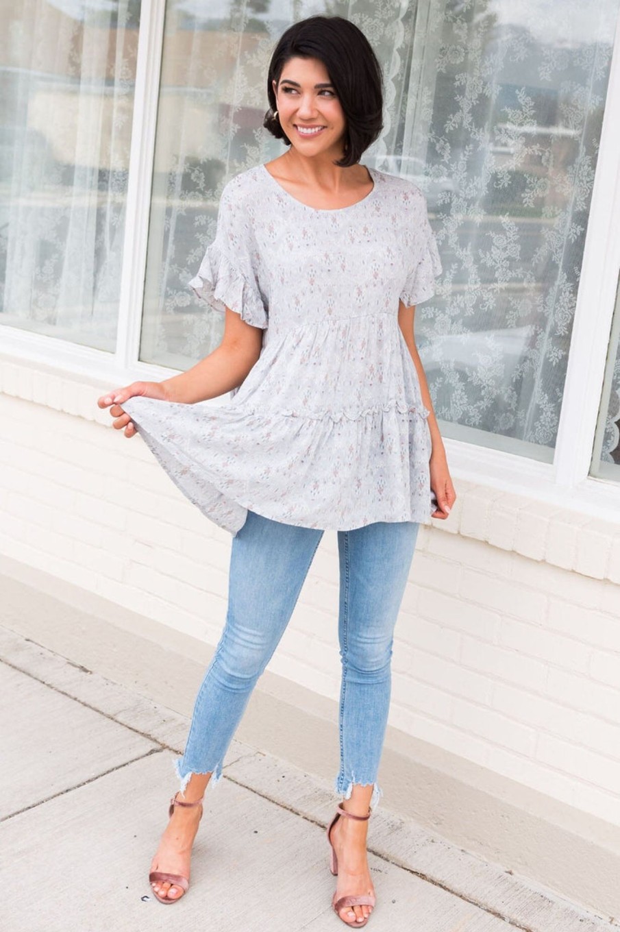 Tops NeeSee's Dresses | Speak Your Mind Modest Blouse Light Grey Southwest