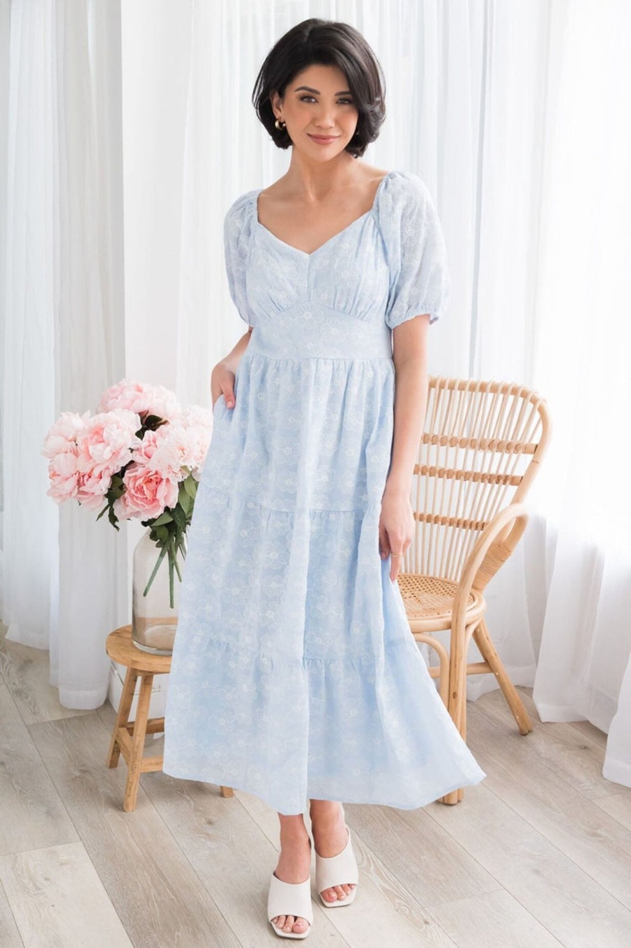 Dresses NeeSee's Dresses | The Addington Light Blue/White Embroidered Lace Floral