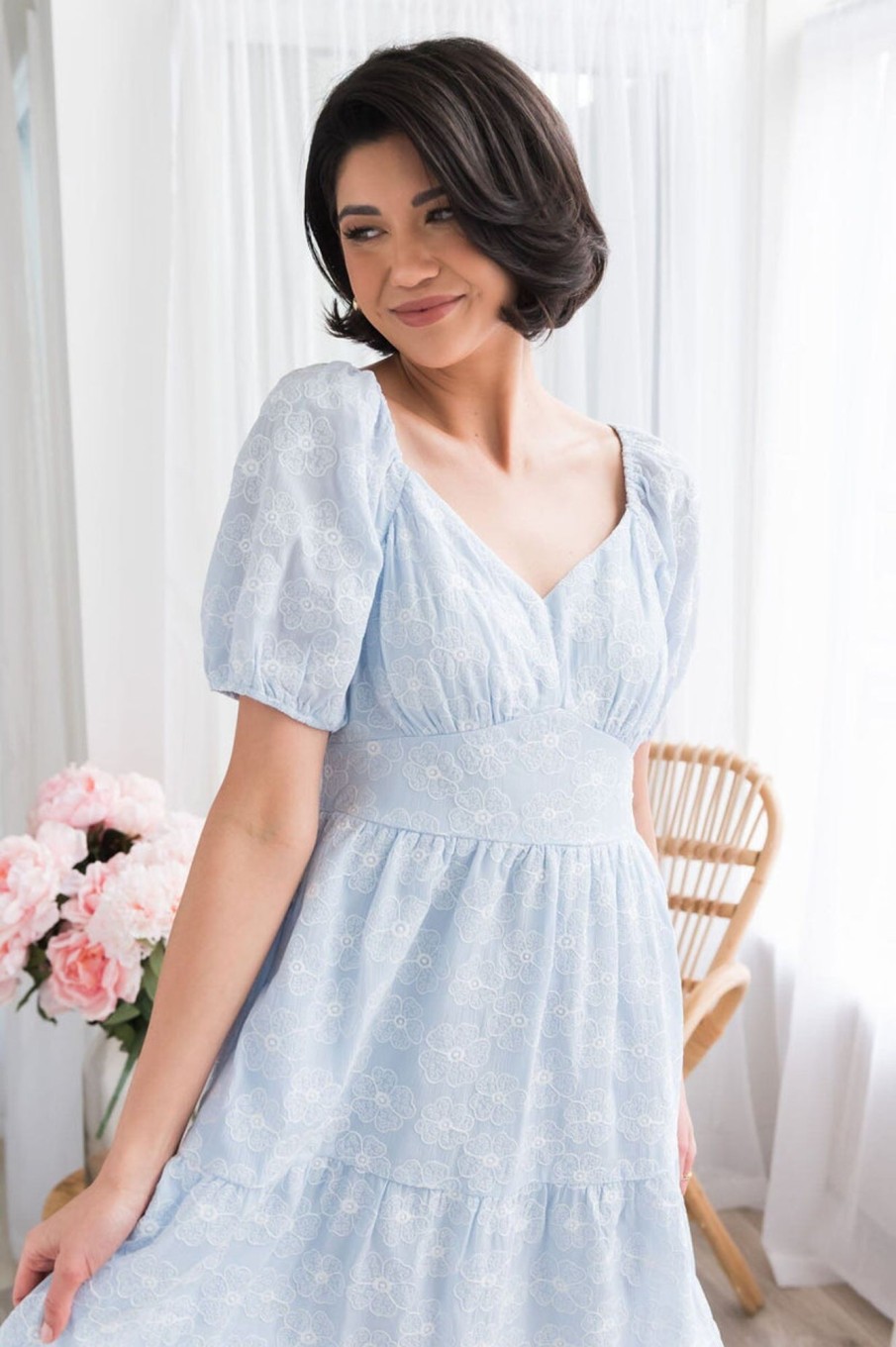 Dresses NeeSee's Dresses | The Addington Light Blue/White Embroidered Lace Floral