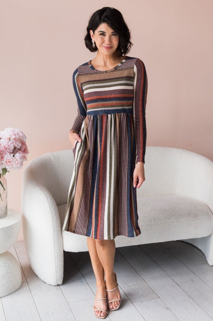 Dresses NeeSee's Dresses | The Alani Cream/Olive/Taupe/Burgundy/Rust/Navy Stripes